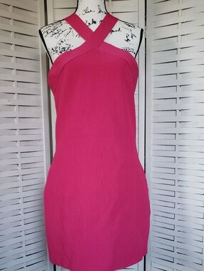 Babaton Aritzia Women’s Hot Pink Sculp Knit Stretch  Cross-Neck Ribbed Dress 2XL